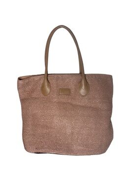 Hoxis Tan Straw Woven Zippered Tote Bag with Handles